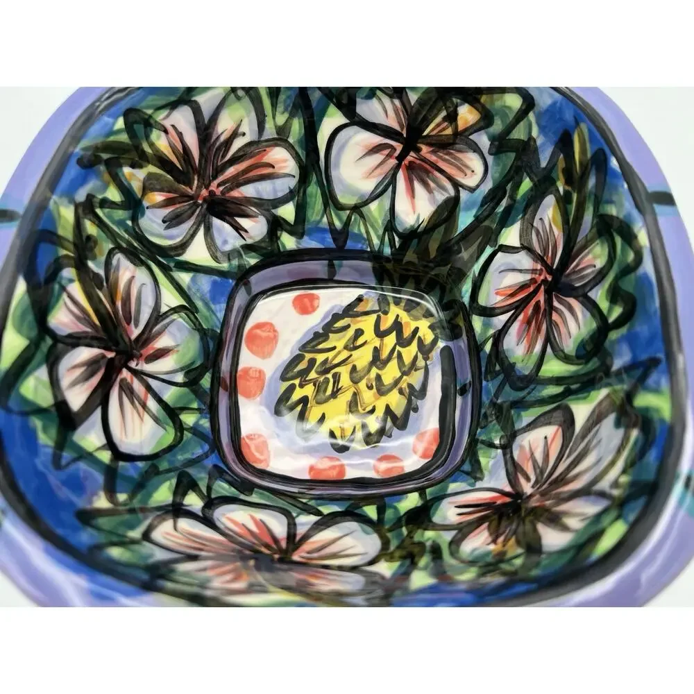 Hawaiian Hand Painted Square Pottery Bowl 8” Signed Kauai Masters 1997 Vintage